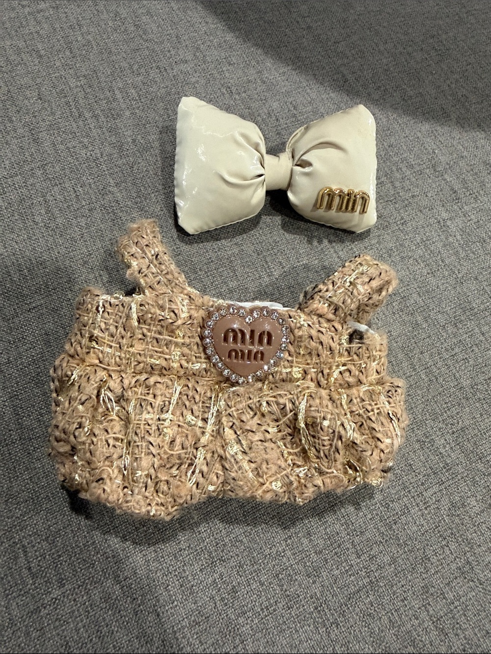Labubu or Small Doll Miu Miu Beige Knit Outfit with Cream Bow Clip